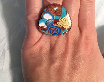 Ring fimo shades turquoise, blue, gold, China patterns