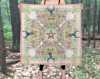 Silk altar cloth, Ostara altar cloth, pagan wheel of the year Spring Equinox, 3 by 3 feet, Large silk scarf, pentagram, tarot cloth, wiccan