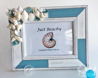 BEACH DECOR PHOTO frame, aqua/white frame, seashell frame, sea glass frame, nautical frame, coastal frame, beach wedding, 5 x 7 vert/horiz