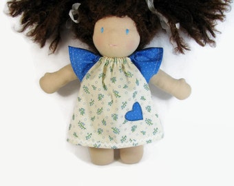 10 inch 12 inch Waldorf Doll Dress, Handmade Doll Dress, blue green cotton doll dress, optional white bloomers
