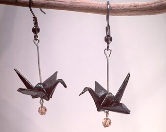 Origami paper cranes anthracite earrings and bead them SwarovskiCadeaux Christmas gift Christmas