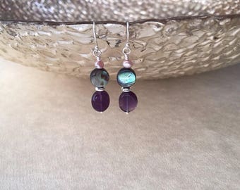 Abalone earrings/ amethyst and abalone earrings/ amethyst earrings/ abalone dangle earrings/ abalone and silver earrings