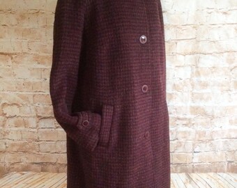 Vintage Coat By Designer David Barry London NEW Wool Mulberry Black Mohair Blend Classic Warm 12 UK c1980s