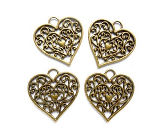4 Antique Bronze Filigree Heart Charms - 21-13-6