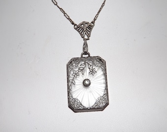 Art Deco Sterling Silver Filigree Camphor Glass Necklace