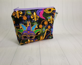 Mardi Gras Masks Notions Pouch, Mini Zippered Wedge Bag, Knitting Notions Pouch, Craft Pouch NP0038