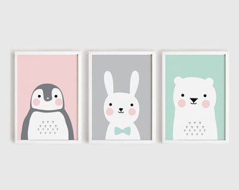 Printable Nursery Art Set of 3 Poster Baby Wall art Kids room decor Pink Gray Mint Penguin Bunny Bear Animals Print A4, A3, 8x10, 11x14