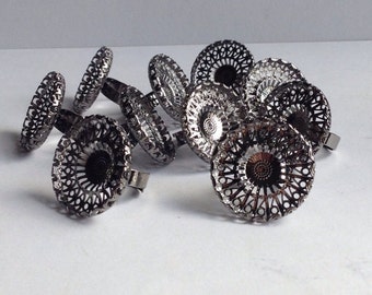 10 Brass Plated Filigree Ring bases / blanks, 30mm round, 27mm pad, black metal color, adjustable, findings, lead/nickel free, Greece