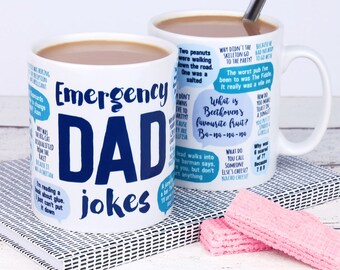 Funny Dad Mug: Emergency Dad Jokes - dad birthday gift - funny gift, gift for dad, dad mug, dad jokes mug, fathers day gift for dad