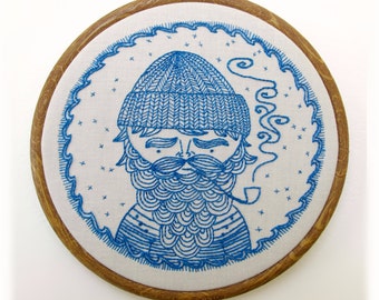SEA CAPTAIN pdf embroidery pattern, sailor design, embroidery design, nautical theme, salty sailor man, beard man with pipe, by cozyblue