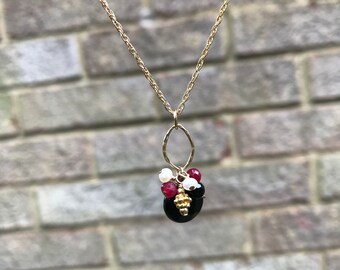 Black Onyx, ruby and pearl gold necklace