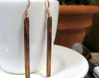 Oxidized Copper Rod Earrings Copper Bar Earrings with Patina - Simple, Clean Lines