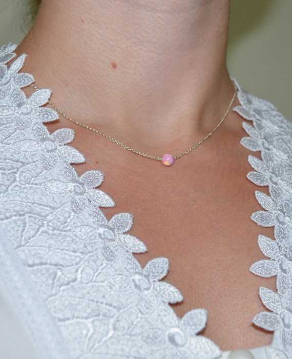 Pink Opal Necklace, Tiny Opal Necklace, simple dainty coin/circle silver necklace, minimalist pendant necklace, bridesmaid jewelry