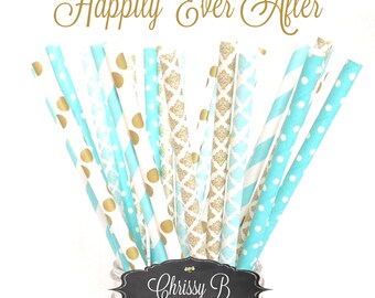 Blue and Gold Paper Straws (HAPPILY EVER AFTER Theme) Pack of 25 or 50 Straws - Light Blue and Gold - Birthday Party, Baby Shower
