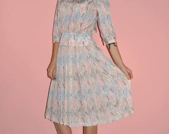 Vintage 80s Pastel Satin Pleated Peplum Pink White Blue Secretary Dress