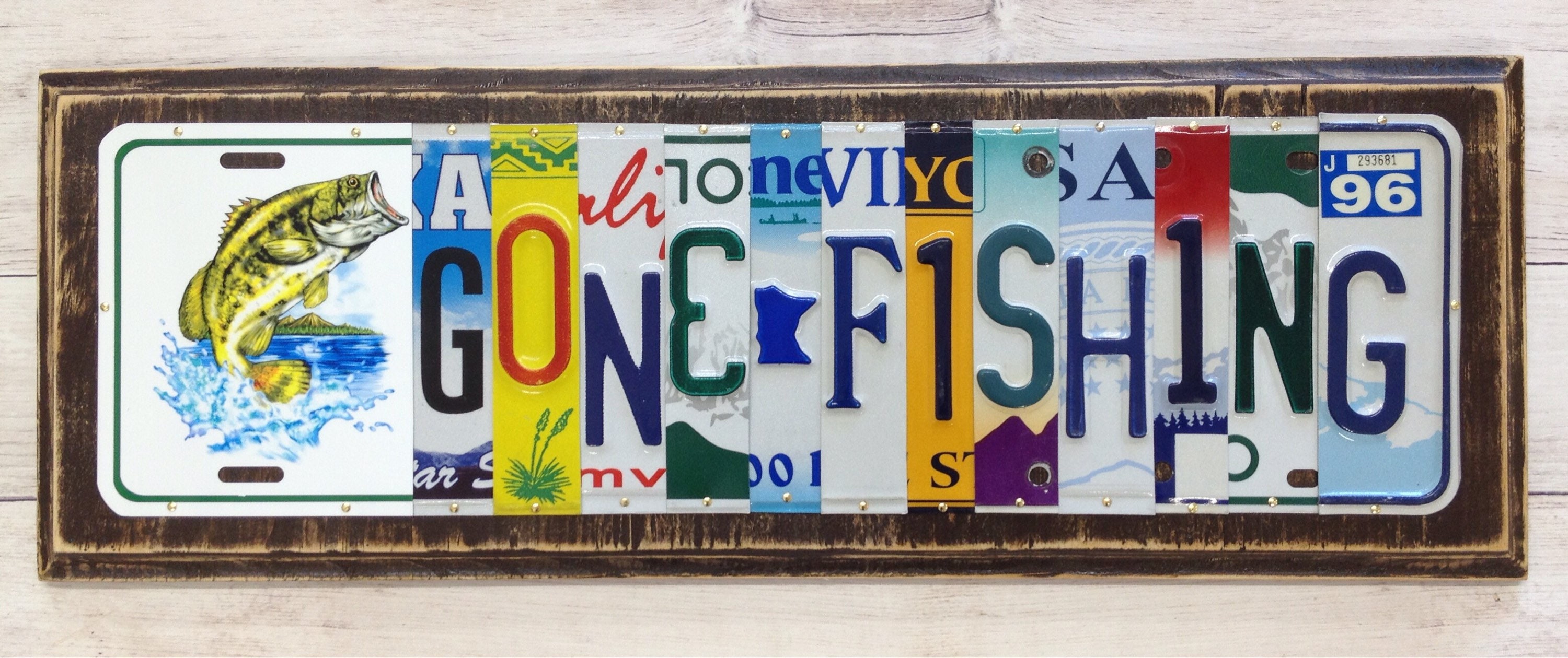 Gone Fishing License Plate Art Gift for Him Fisherman Art