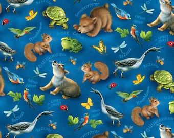Children's Fabric, Quiet Bunny and and The Night Song Navy/Multi Tossed Animals by Lisa McCue