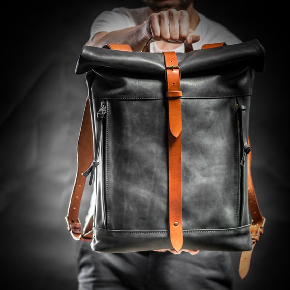 Leather backpack Roll top backpack by Kruk Garage Black