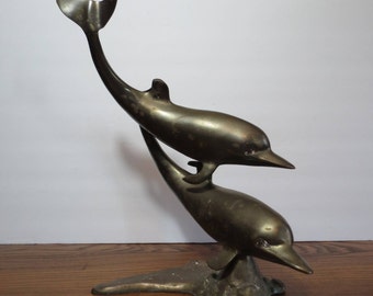 Large 15" Brass Dolphin Sculpture / Mid Century Nautical Themed Sculpture