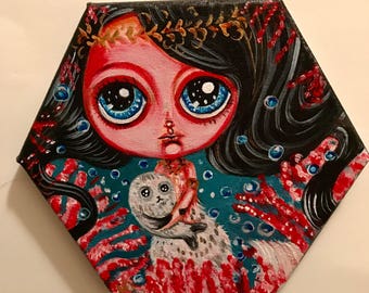 Sale! Beautiful big eyed girl selkie seals fantasy painting cute kawaii room decor