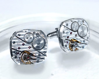 HAMILTON Steampunk Cufflinks - RARE Top Notch Hamilton PINSTRIPE Luxury Vintage Silver Watch Movement Men Steampunk Cufflinks Wedding Gift
