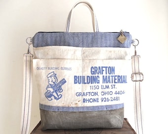 Lumber apron, waxed canvas & herringbone denim tote - vintage Grafton, Ohio - eco vintage fabrics