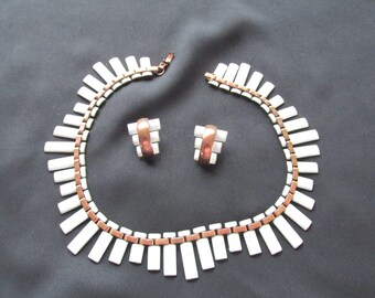 Vintage Matisse necklace and earrings, white enamel modernist copper jewelry set, vintage copper jewelry, ConMisManosVintage