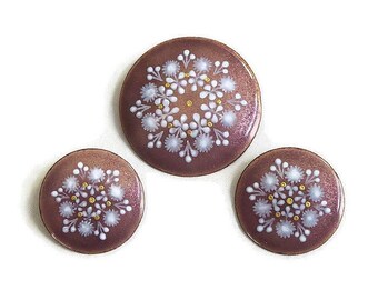 Copper Enamel Brooch and Earrings Set Vintage by Austria Artist Eva Scherer
