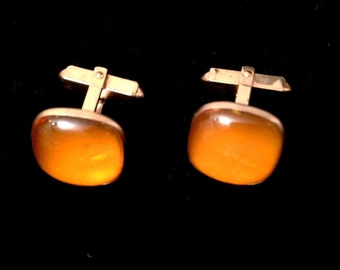 Pair MCM CUFFLINKS Retro SQUARE Yellow/Orange Glass Stone Gold Toned Vintage set