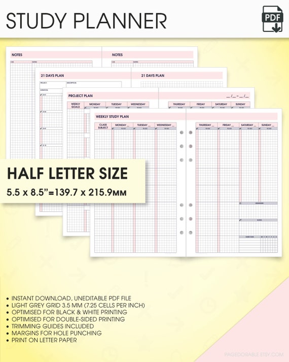 Student planner half size inserts printable study planner
