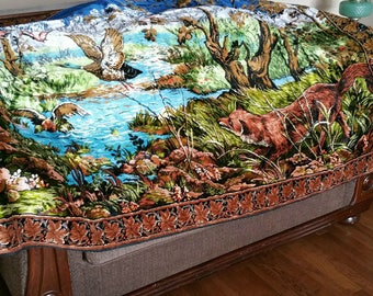 Vintage Large Tapestry Rug, Illustrated Tapestry Wall Hanging, Fox And Duck Wall Decor, 71" X 48" Nature Tapestry