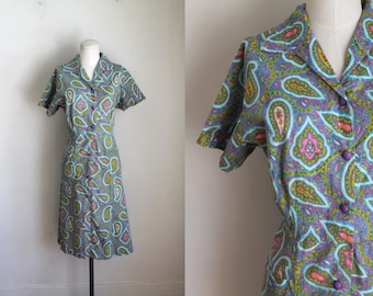 vintage 1960s dress - PAISLEY shirt dress / L