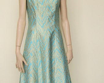 Turquoise and Gold Brocade Maxi Dress - Size 10