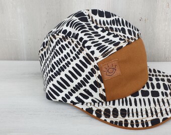 Black and White Random Dashes Geometric Print 5 Panel Camp Hat/ Baseball Hat