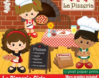 La Pizzeria Girls - Clip art and digital paper set - Pizza party clipart