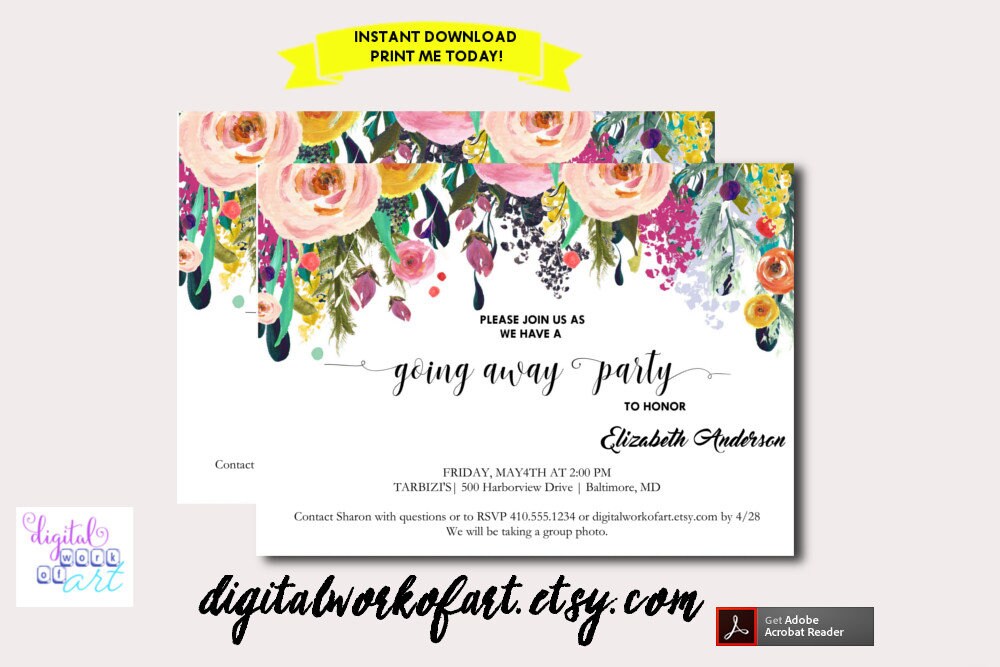 Going Away Party Invitation Template Printable DIY Watercolor