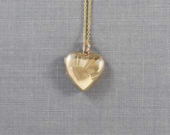 Gold Heart Locket Necklace, 9ct Back and Front Sunray Engraved Vintage Photo Pendant - Sunrise