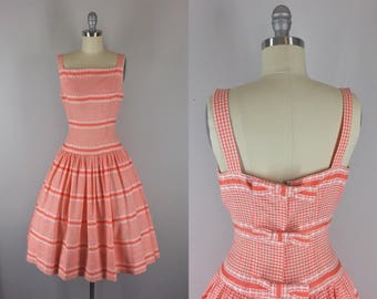 1950s Vintage Sundress / 50s Orange Gingham Dress with Back Bows / Creamsicle Delight Dress