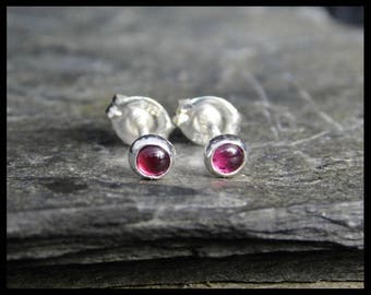 January birthstone earrings - Natural pink garnet gemstone cabochon, 3 mm, sterling silver bezel, second earrings, 140