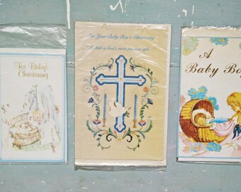 3 Vintage Baby Boy Cards. Vintage Christening Cards. New Old Stock. Blank Card. Baby Boy Card. Evelopes. Paper Ephemera. Vintage Card Lot.
