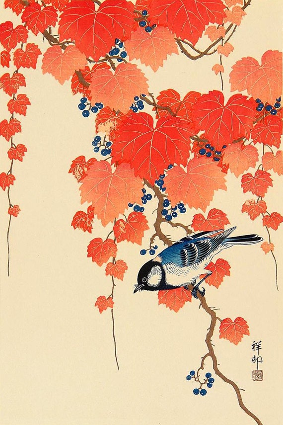 Japanese birds and flowers art prints posters Bird Red Ivy