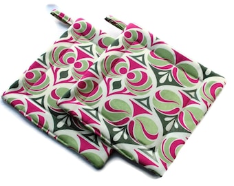 Handmade Quilted Pot Holders Joel Dewberry Set of 2 pink Green Potholders