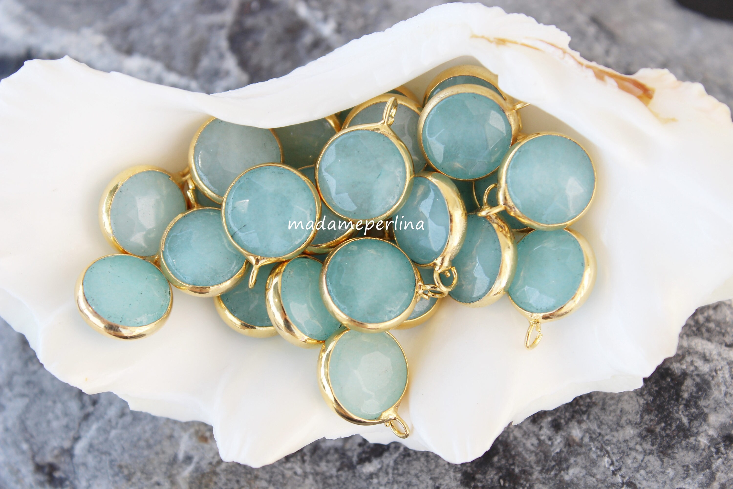 2 pcs light blue green jade charms faceted bezel 14mm