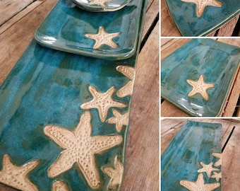 Turquoise starfish platter. Handmade pottery serving tray.