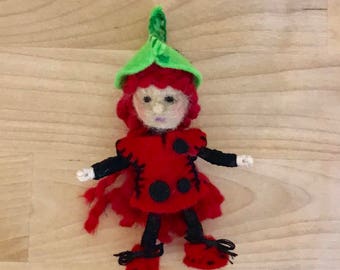 Ladybug Bendy Doll, Felt Fairy, Dollhouse Fairy, OOAK, Handmade, Waldorf fairy, Wee Folk, Woodland Fairy, Elf, Felt gnome