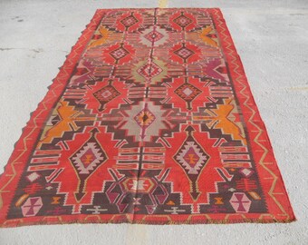 128" x 62" Kilim rug, Vintage Turkish rug, area rug, vintage rug, bohemian rug, eccentric rug, anatolian