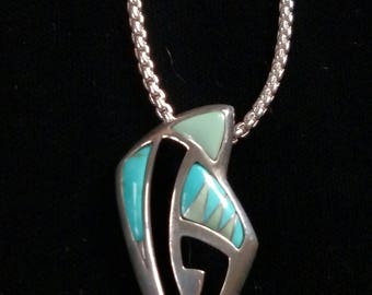 Turquoise and Variscite Inlay Pendant. Sterling Silver. Vintage. Southwest.