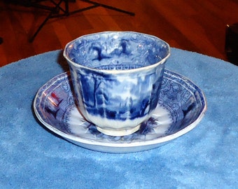 1842 – 1857 E Challinor Flow Blue Cup and Saucer “Lozere” pattern
