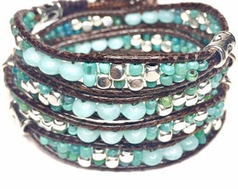 Beautiful 4 wrap brown leather with semi precious stones and silver accents bracelet