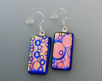 Art Deco Inspired Blue and Copper Earrings, Fused Glass Drop Earrings, Dichroic Fused Glass Dangle Earrings, Fused Glass Earrings
